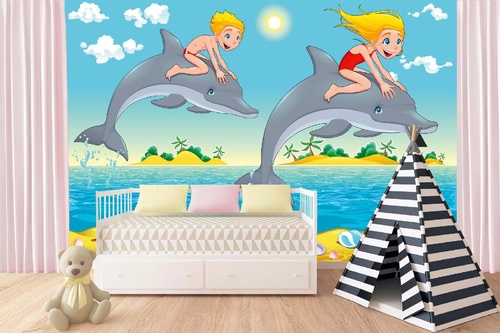Vlies Fototapete - Kinder und Delfine 375 x 250 cm